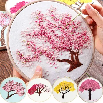 

DIY Embroidery Plants Cherry Tree Handwork Needlework for Beginner Cross Stitch kit Ribbon Painting Embroidery Hoop Home Decor