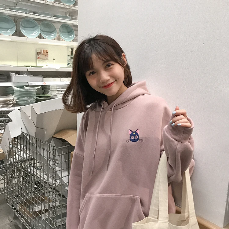 Вышитые Луна кошка розовые толстовки для женщин Kawaii корейский стиль свободная толстовка с капюшоном пуловеры