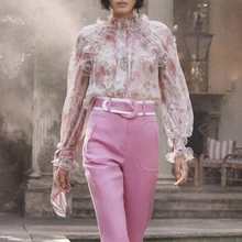 Zim Designer Elegant Ruffles Pink Floral Printed Chiffon Blouses Womens Autumn Casual Long Sleeve Tops Female