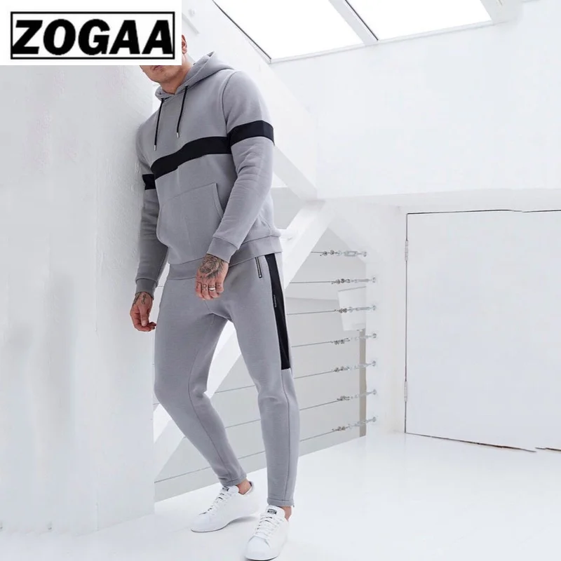 ZOGAA с капюшоном сшивание цвет спортивная одежда для мужчин тренажерный зал полиэстер анти-Усадочные/выцветающие мужские спортивные костюмы дышащие тренировочные комплекты
