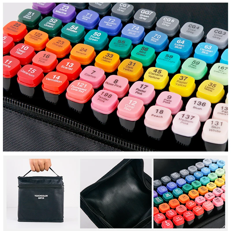 Tanie Touchcool Marker długopis 30 40 60 80 168 kolor pędzelek do zdobień szkic Marker z podwójną końcówką do rysowania artystycznego pędzelek do zdobień s na bazie alkoholu z 4 prezenty