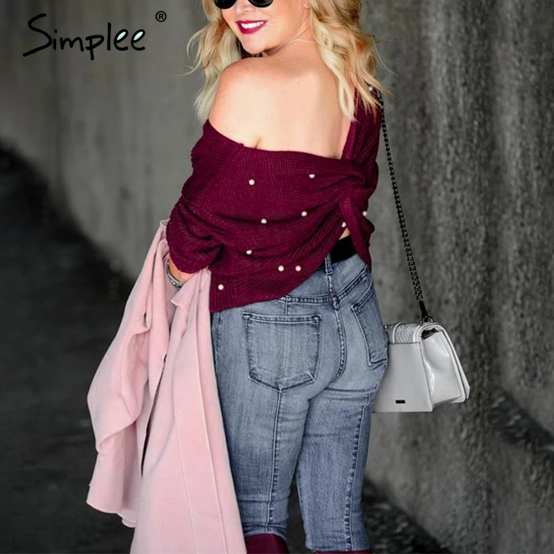 Simplee V neck pearl women knitted sweater winter Casual long sleeve pullover Elegant back bow beading soft jumper pull femme | Женская
