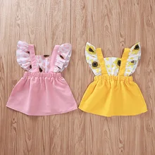 Одежда для близнецов; розовые и желтые наряды с подсолнухами; летнее платье с цветочным принтом и рукавами-рюшами; Одежда для новорожденных; Одежда для девочек 12 месяцев