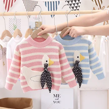 

Girls' cartoon embroidery sweater top 2020 new casual bottom sweater new girl super cute duck stripe Plaid knitted pullover