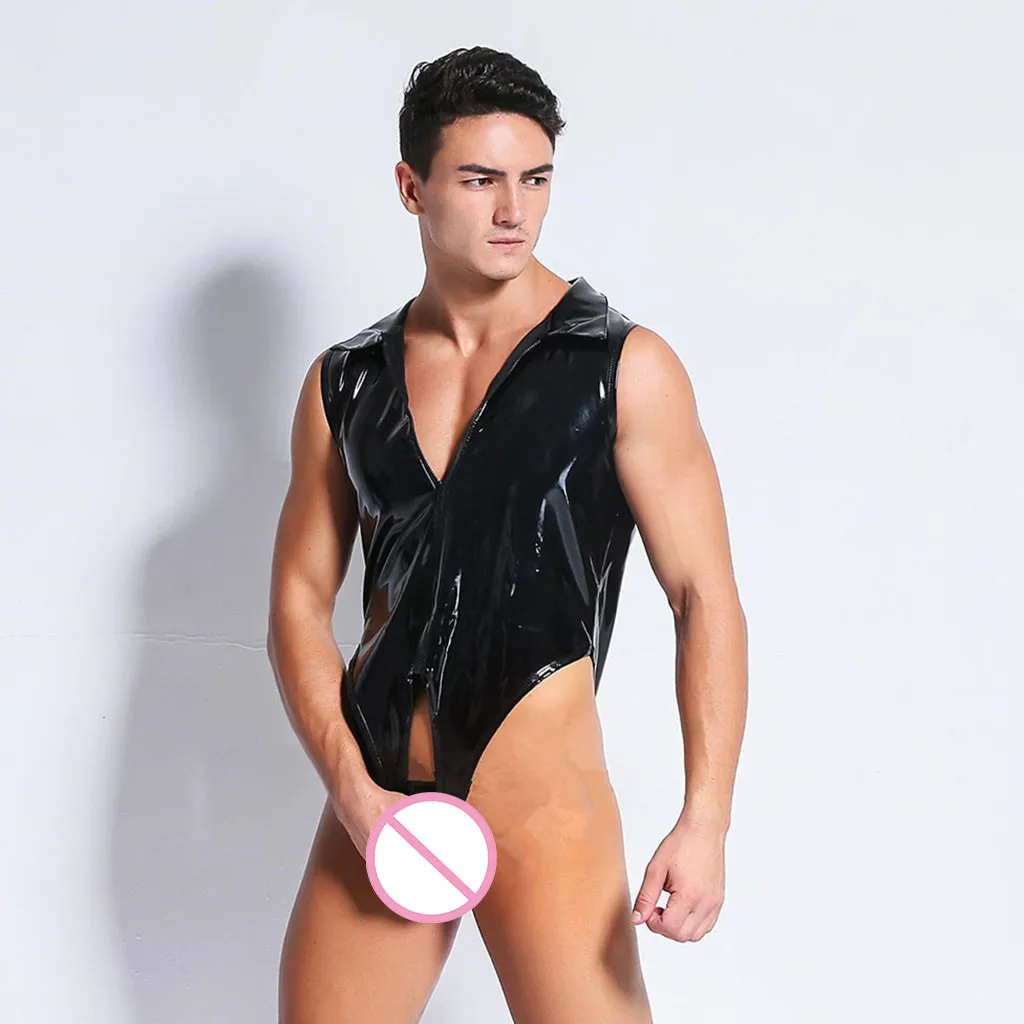 Мужское сексуальное нижнее белье, лакированная кожа, цельное, Wetlook, стринги, трико, Клубная одежда, без рукавов, на молнии, эластичное трико, комбинезон