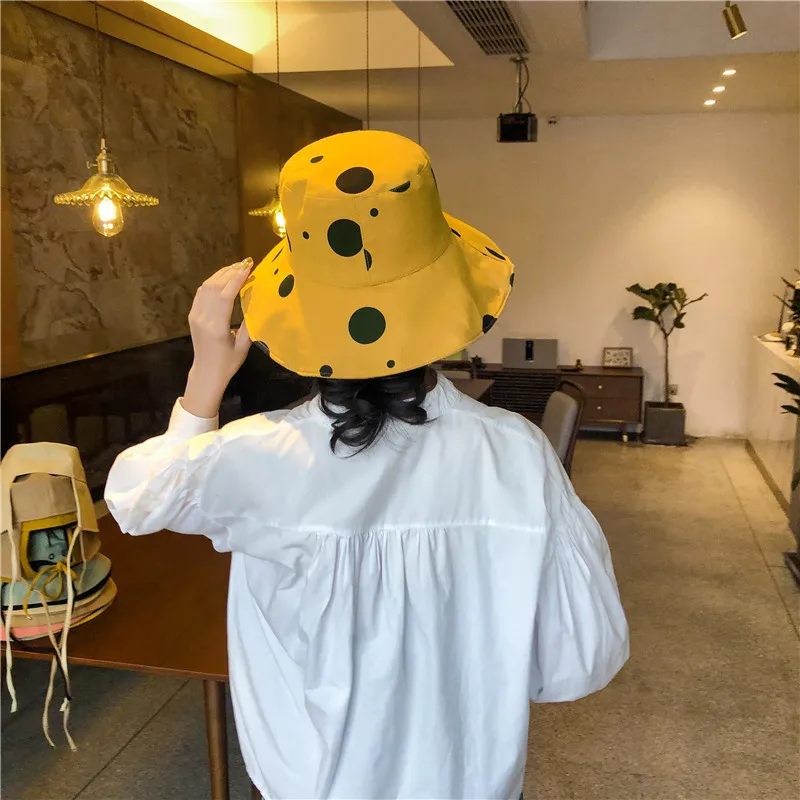Sun Hat Women Summer Foldable Bucket Hat Harajuku Large Brim Dot Printed Beach Sun Hat Japanese Style Yellow Black Khaki Beige   (4)