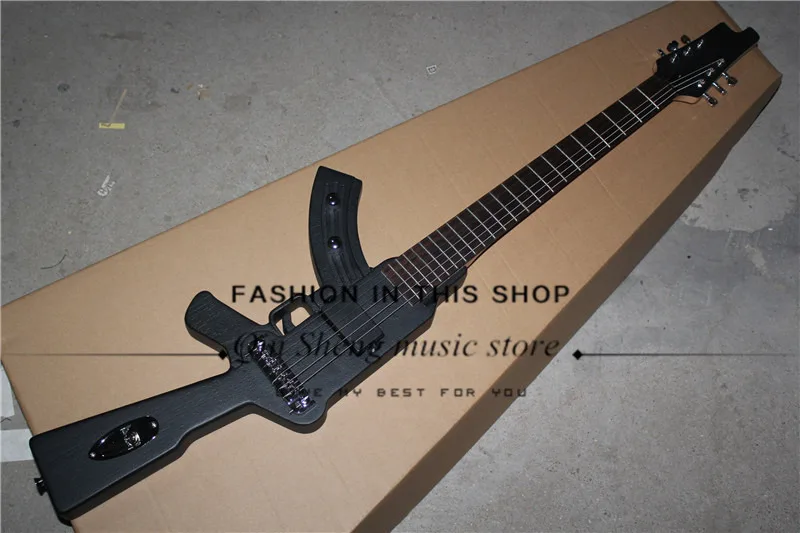 

free shipping left hand matte black electric guitar with gun model body,maple neck,rosewood fretboard