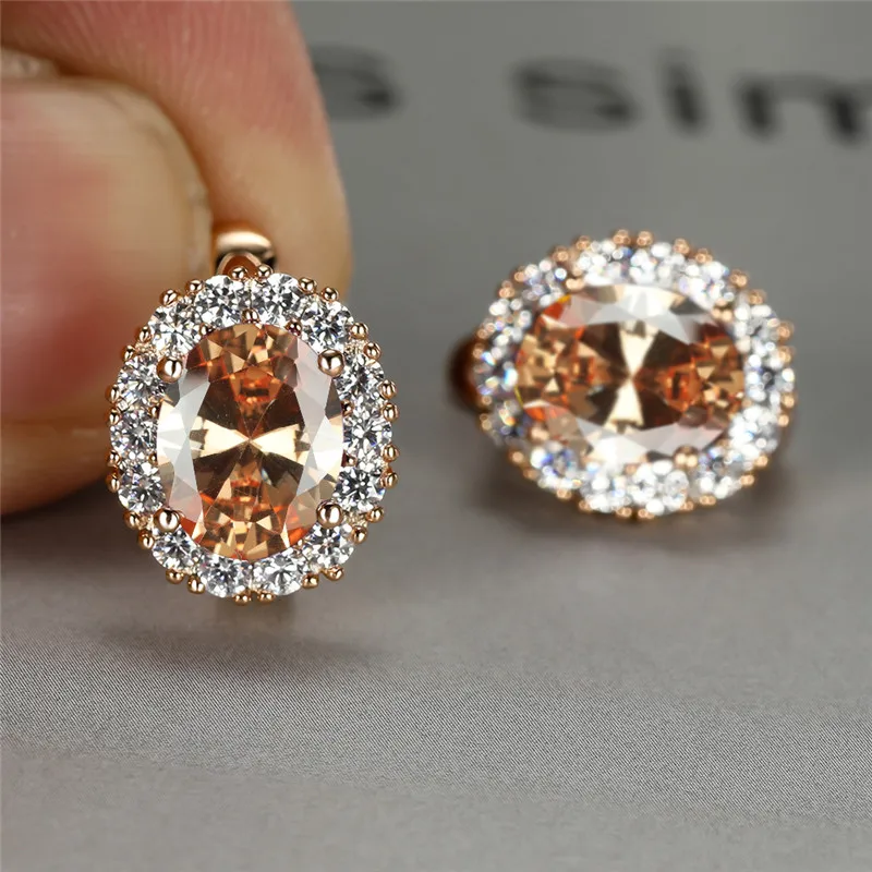 Female Fashion Multicolor Crystal Earrings Rainbow Zircon Oval Stone Hoop Earrings Rose Gold Color Engagement Earrings For Women