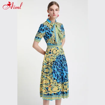 

Designer 2020 New Female Summer Vintage Dress Leopard Print Short sleeve Bow Mid-length Dress Elegant Party Dresses Lady Robe