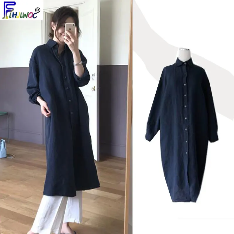 

Autumn Fall Dresses Women Casual Loose Plus Size Korea Japan Temperament Lady Vintage Button Boyfriend Shirt Dress 9601