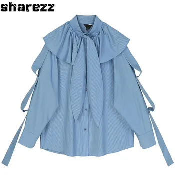 

sharezz Spring Autumn 2020 Women Stripe ruffles chiffon Blouse New ruffled Long Sleeve Loose Fit blue Shirt Fashion Tide tops