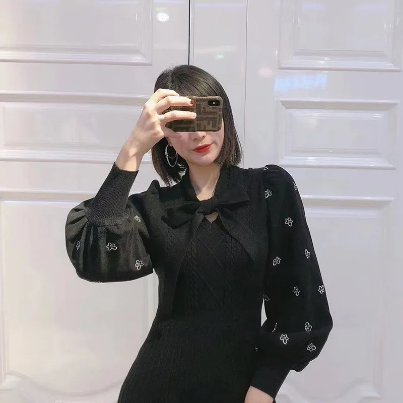 Dresses Women Spring/Autumn Fashion New Elegant Splicing Solid Color Long Sleeve Dress Bow-knot Black Woman Dress