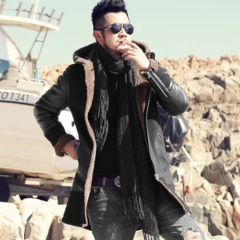 

New Winter Solid Jacket Men Long Fur Collar Hooded Coats Thick Warm Casual Outerwear F8303