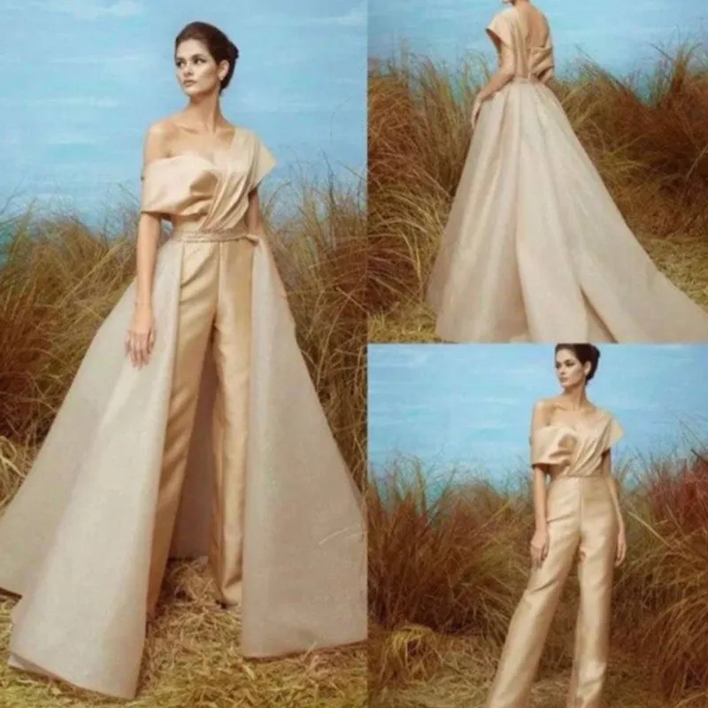 

Luxury Elegant Jumpsuits Wedding Dresses Short Sleeve V-Neck Satin High Quality Zipper Bridal Gowns Detachable Train Hot Sale
