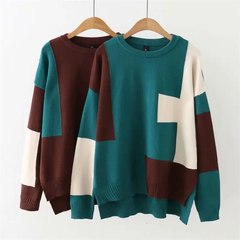 

Plus size groen & bruin patchwork herfst winter vrouwen truien O-hals Gebreide casual dames oversize trui wol vrouwelijke