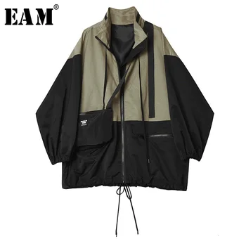 

[EAM] Loose Fit Contrast Color Big Size Jacket New Stand Collar Long Sleeve Women Coat Fashion Tide Spring Autumn 2020 1H058