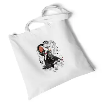 

Lychee Girls Cartoon Devil Printed White Canvas Bag Storage Foldable Large Travel Bag Shoulder Bag Reusable Original Handbag