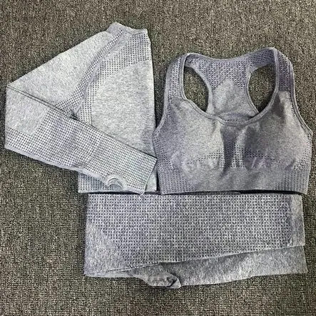Комплект из 3 предметов для йоги, Vital, бесшовные леггинсы, спортивный бюстгальтер+ укороченный топ с длинным рукавом+ женские леггинсы для бега, спортзала, с высокой талией, спортивный костюм для фитнеса - Цвет: gray blue