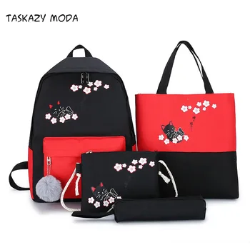 

2020 New Canvas Female Book Bag Backpack 4pcs/set Schoolbag School Bag Travel Pack Fashion Tassel Women Teenage Teenagers Girl
