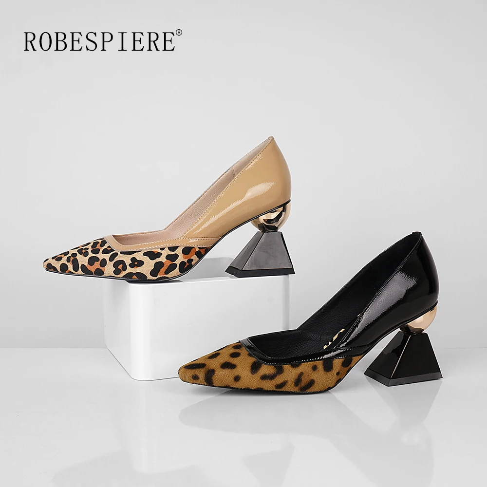 

ROBESPIERE Strange Heels Shoes New Pointed Toe High Heels Leopard Print Women Pumps Quality Patent Leather Lady Dress Shoes A106