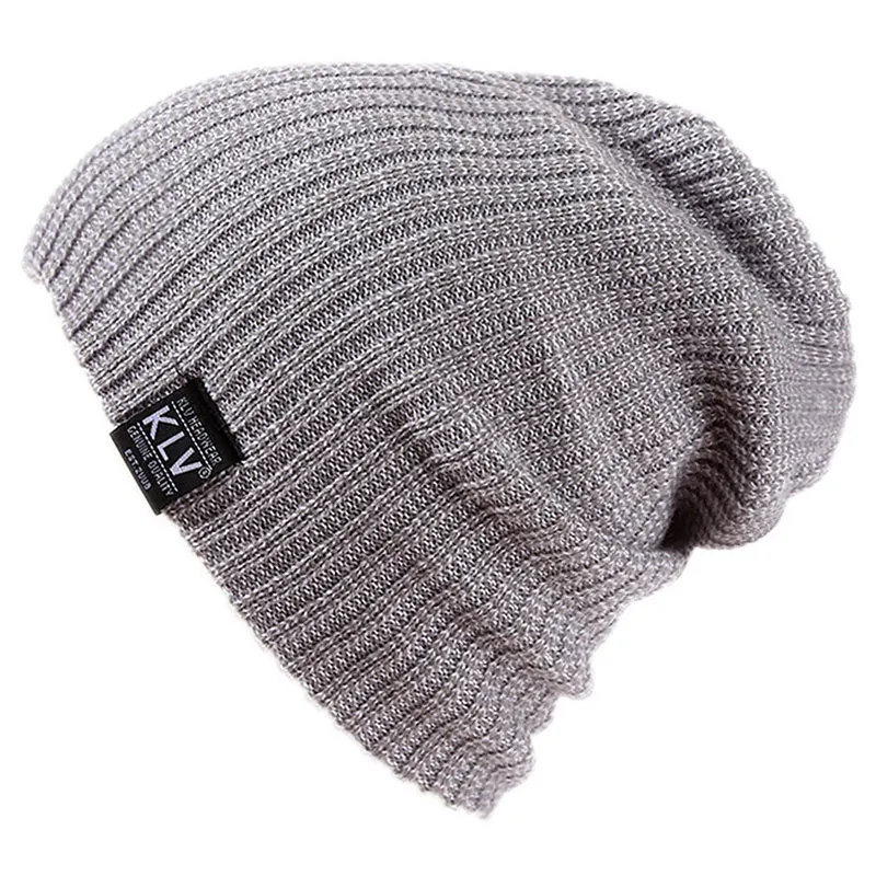 Light gray New Striped Loose Knitted Beanie Hats Fashion Acrylic Winter Outdoor Warm Bonnet Soft Cap Men Women Hip Hop Skiing Skullies - Цвет: Light gray