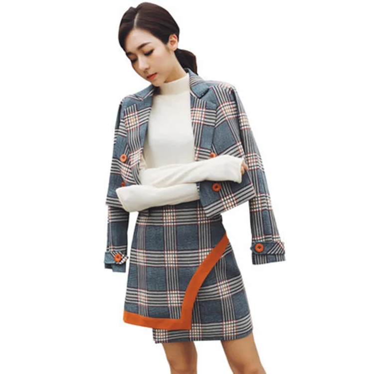 

2019 Autumn New Korean Version Lattice Style Small Fragrant Wind Short Coat Irregular Half Skirt Fashion Suit Women Fashion
