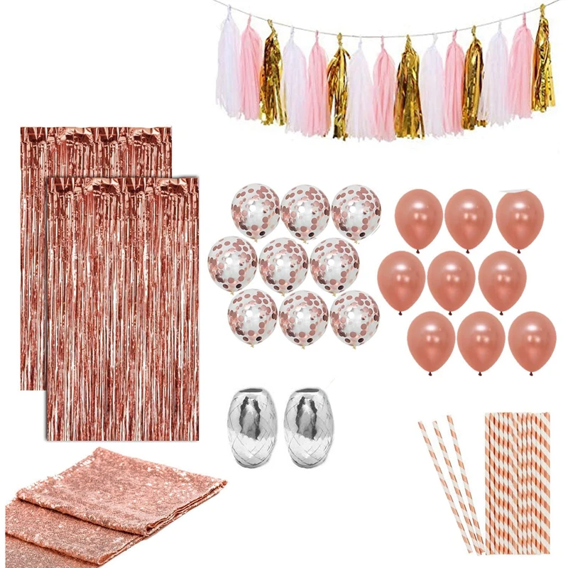 

63 Rose Gold Party Decoration Set Rose Gold Latex and Multicolored Balloons (18) Sequined Towel (1) Tassel Curtain (2) Ribbon (2