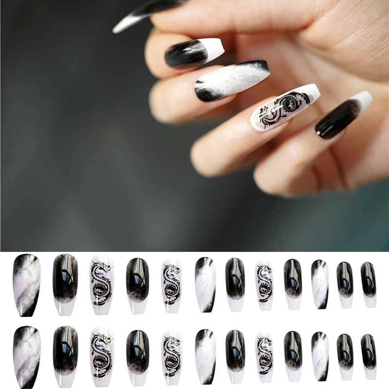 大理石のネイルチップ 24個の取り外し可能なプレキシバレルネイルチップ 黒と白のマニキュアアクセサリー 付け爪 Aliexpress