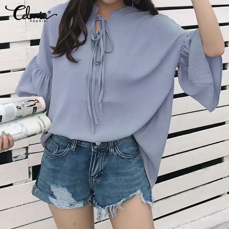 

2020 Celmia Summer Solid Blouses Women Casual Flare Sleeve Lace-Up Loose Shirt Ladies Elegant Tops Plus Size Blusas Feminina 5XL