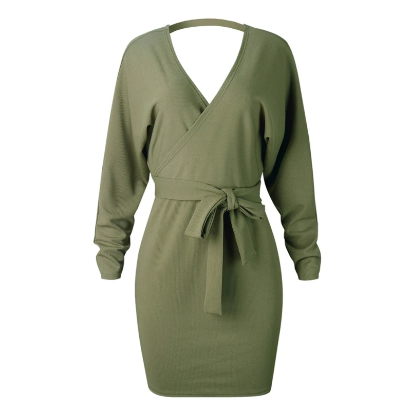 Осенне-зимние женские модные сексуальные с открытой спиной дамские с v-образным вырезом на шнуровке сумки бедра с длинным рукавом трикотажные платья-свитера - Цвет: green