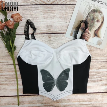 

LAISIYI E-girl Cat Graphic Front Lace Spaghetti Strap Crop Tops Vintage Patchwork Backless Party Tops Cute Kawaii Y2K Outfits
