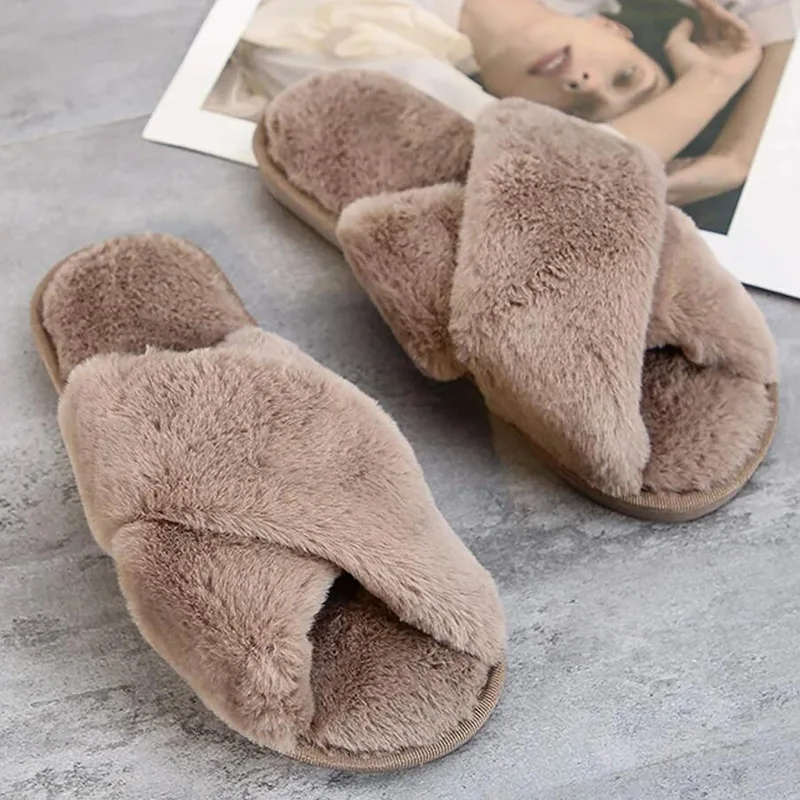 Chaussure Femme Winter Women House Slippers Faux Fur Fashion Warm Shoes Woman Slip on Flats Female Slides Black Pink Home Furry