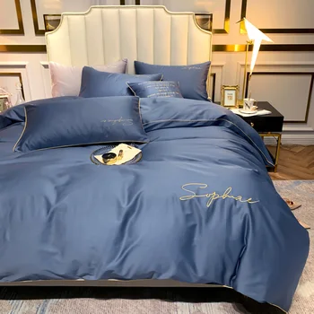 

4pcs Classic Blue Beddings Set Duvet Cover Flat Sheet Fitted Sheet Pillowcases Without Filler 100% 60S Cotton Luxury Embroidery