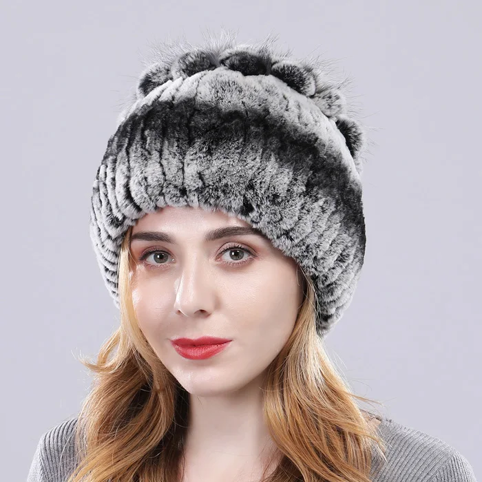 Women Real Rex Rabbit Fur Hats Lady Handmade Knitted Striped Genuine Rex Rabbit Fur Cap Winter Warm Fashion Fur Beanies - Цвет: Color 18