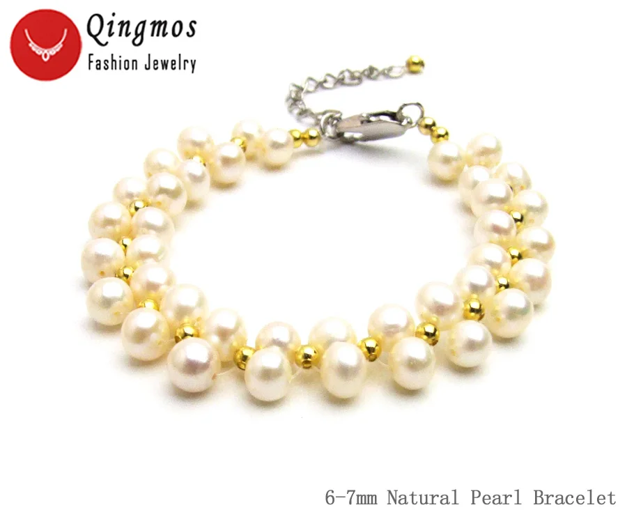 

Qingmos Fashion White 6mm AA Grade Round Natural Pearl Bracelet for Women with Handwork Weave Bracelet Adjustable 7-9'' Jewelry