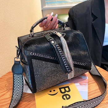 

Torebki Damskie 2020 Autumn High Quality Horsehair Handbag Diamond-studded Horizontal Boston Women's Bag Shoulder Messenger Bags