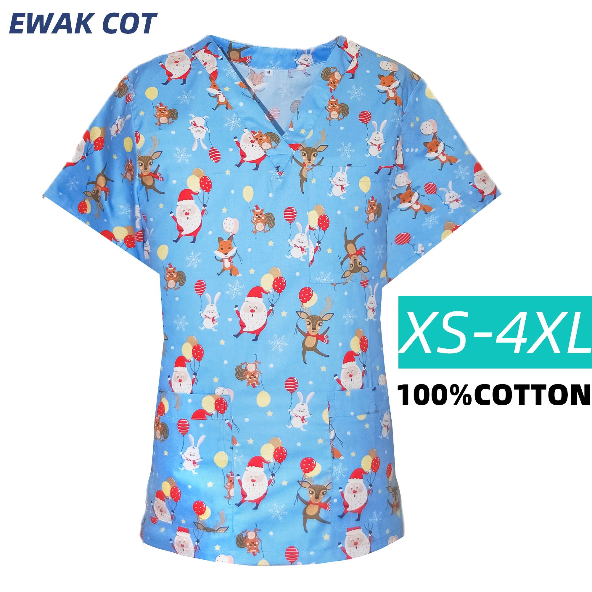 Fashion Christmas Scrubs Tops Clinical Uniforms 3 Pocket Short Sleeve V-neck Tops Nurse Uniform T-shirts Medical Scrubs Blouse