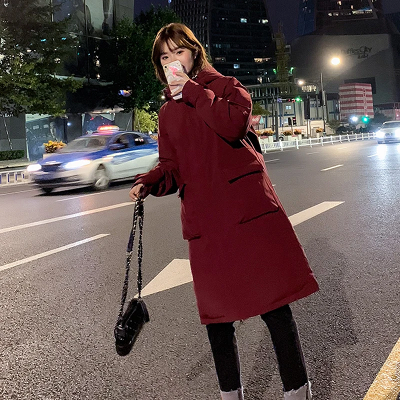 Cabolsas de Inverno Cabolsa de Inverno para Mulher com Capuz Feminino X-long Estilo Coréia Grosso Sólido Tamanho Grande Bolso Solto Parkas 2020 17 de inverno para mulher com capuz estilo