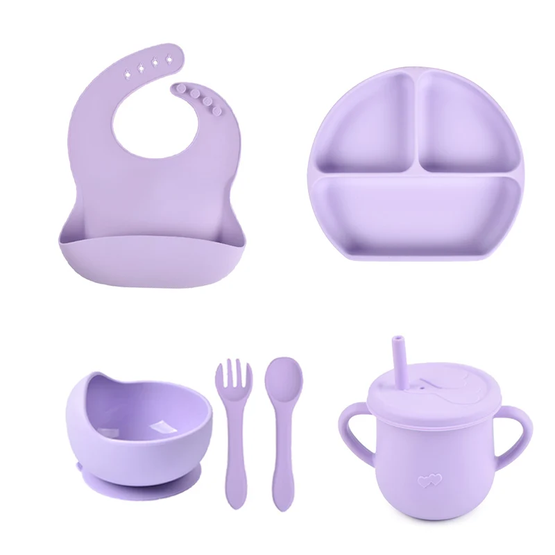 6PCS/Set Baby Silicone Tableware Cup  Bowl Plate/Tray Bibs Spoon Fork Sets Children Non-slip Feeding BPA Free Dinnerware Dinner