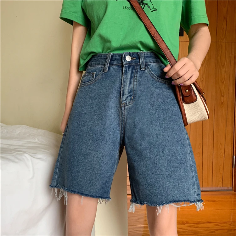 Pengpious summer new loose denim shorts frayed hem high waist for school girls sweet short jeans