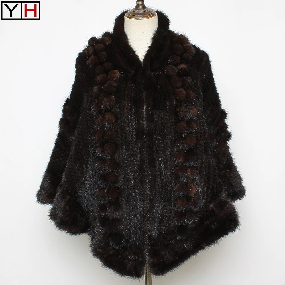 Women Real Fur Poncho Black / Brown Knitted Natural Mink Fur Scarves Shawl Lady Fashion 100% Genuine Mink Fur Shawls