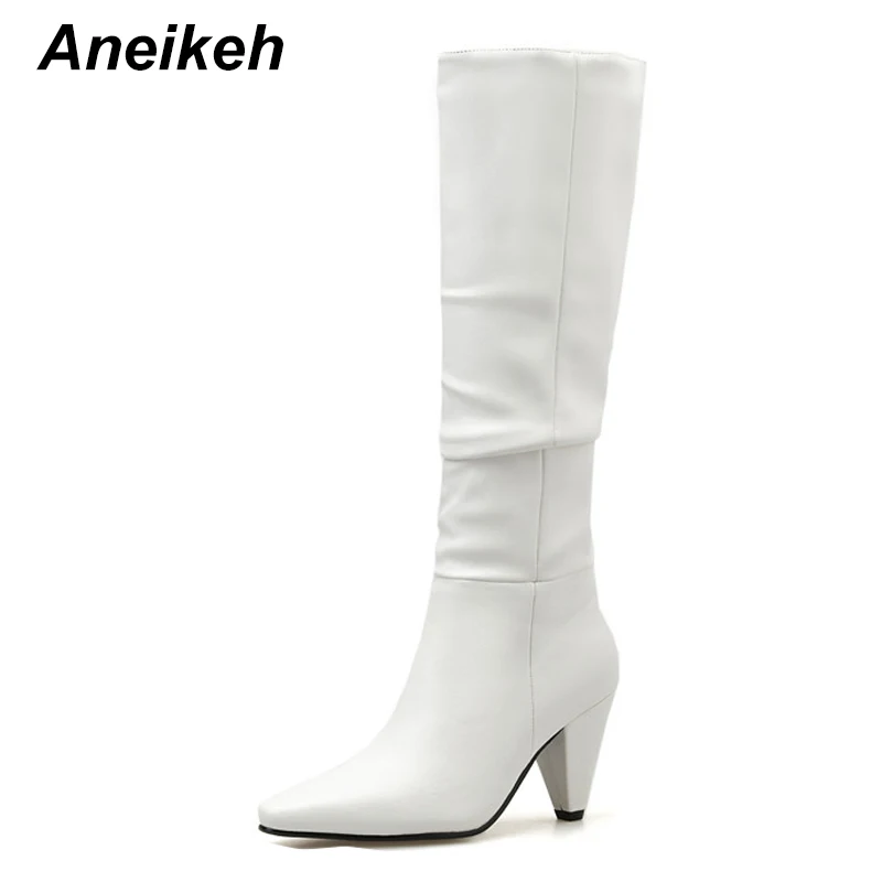 Aneikeh/ г. Новая обувь из искусственной кожи женские ботфорты пикантные осенне-зимние женские сапоги на высоком каблуке-шпильке без шнуровки Размер 9 - Цвет: white