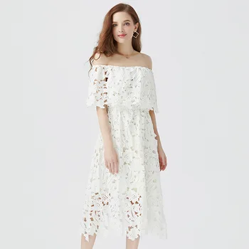 

White Summer Dress High Waist Lace Midi Dress for Women Off Shoulder Vintage Dress Beauty Hollow Out Women Beach Dress