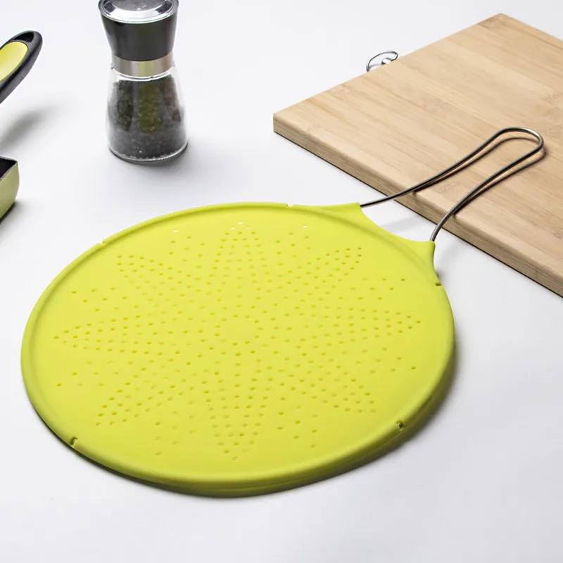 Silicone Splatter Screen Pan Cover with Handle Heat Insulation Cooling Mat Strainer Drain Board Oil Splash Guard|Kitchen Gadget Sets