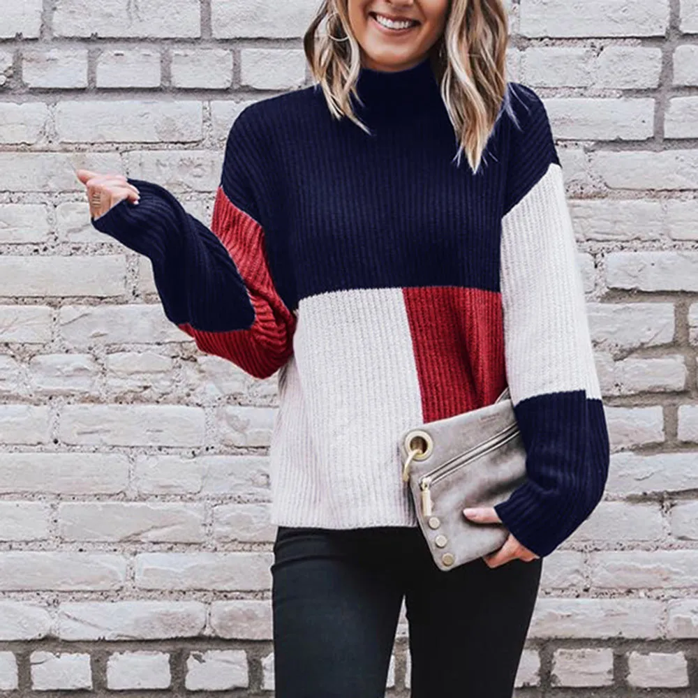 Jaycosin Women Colorblock Stand Long Sleeve Knitted Loose Sweater Tops Casual Quality Attractive Jumper Pullover Top Blouse