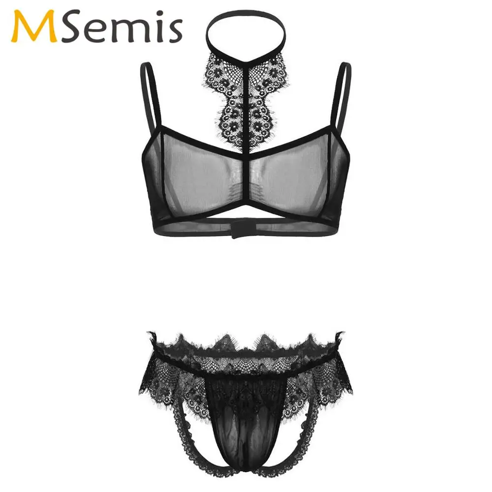 male underwear Mens Sissy Sexy Lenceria Nightwear See Through Sheer Mesh Gay Lingerie Set Fetish Lace Trim Bra with Open Butt G-string Panties