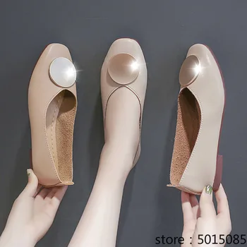 

Square Toe Women Flats Round Metal Slip on Flat Shoes Woman Ballet Flats Pu Leather Loafers Casual Shoes Ladies Spring 7357