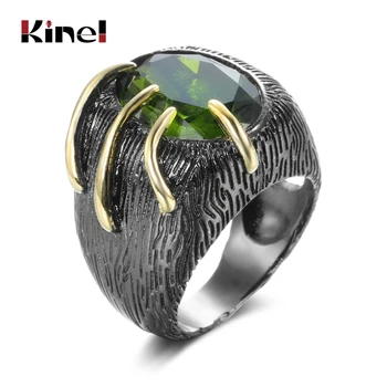 

Kinel Bohemia Women's Ring Vintage Black Gold Big Oval Green Zircon Crystal Tungsten Ring Wedding Engagement Party Jewelry