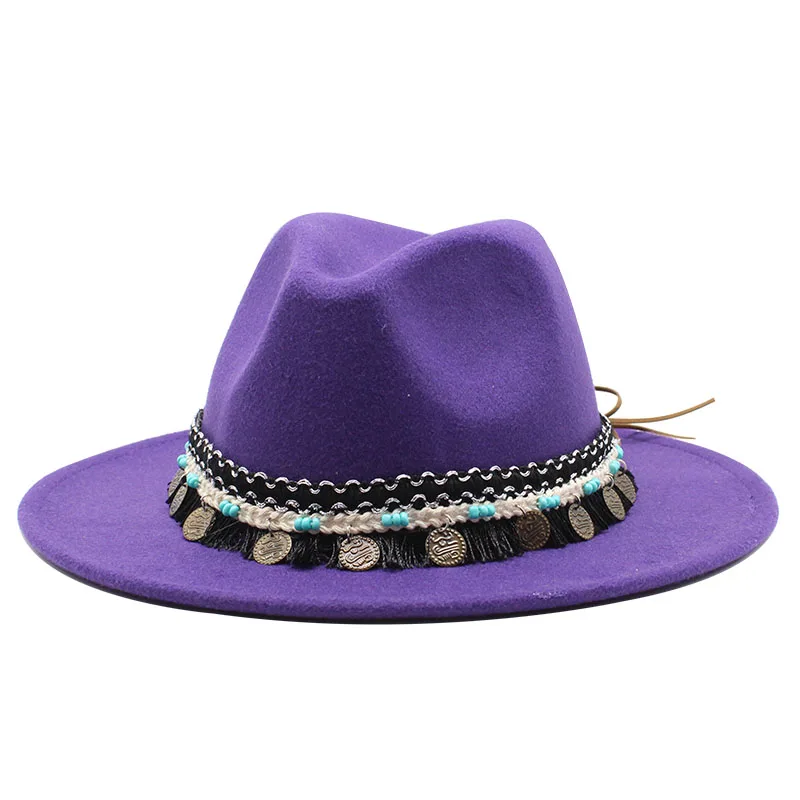 Unisex Wool Felt Fedora Hats Decoration Fashion Flat Brim Jazz Panama cap Formal Top Hat Bowler Hat Derby for Men Women
