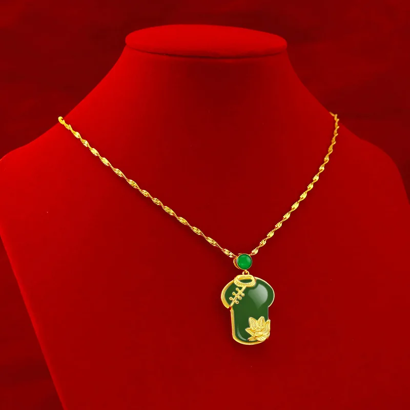 

KOREAN 24K GOLD CHAIN NECKLACE PENDANT FOR WOMEN GEMSTONE JEWELRY CHALCEDONY CLOTHES GREEN JADE STONE CLAVICLE NECKLACE GIFTS